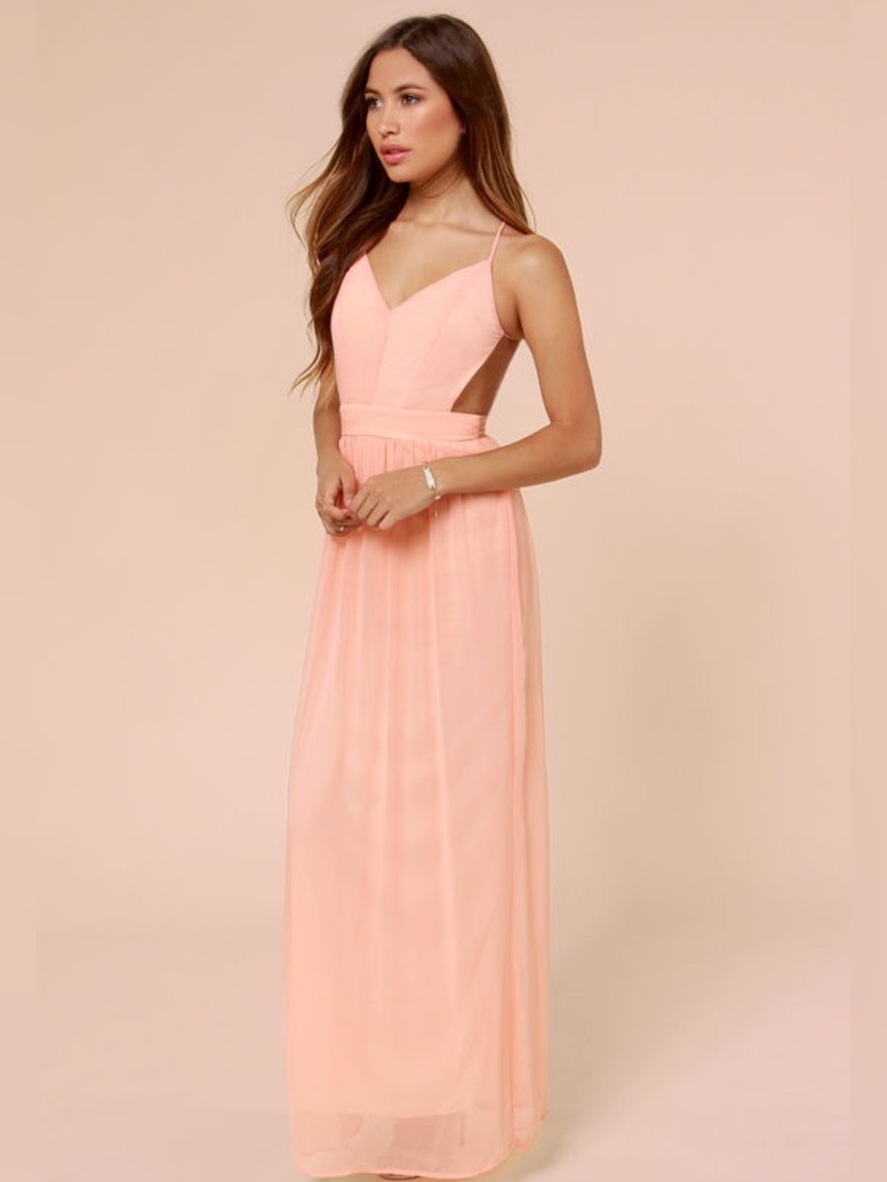 Lulu's exclusive rooftop garden backless peach maxi dress